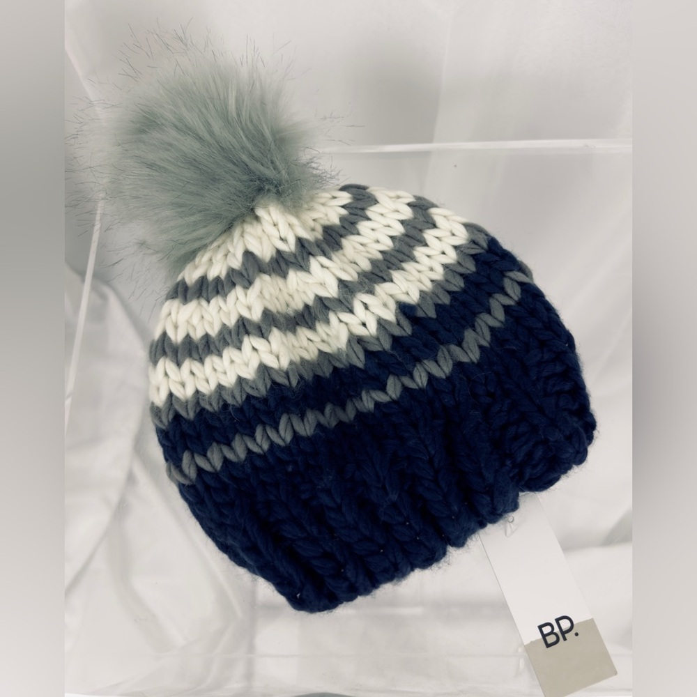 Kids BP Stretchy Striped Navy & Gray Knit Beanie with Faux Fur Pom-Pom O/S   NWT